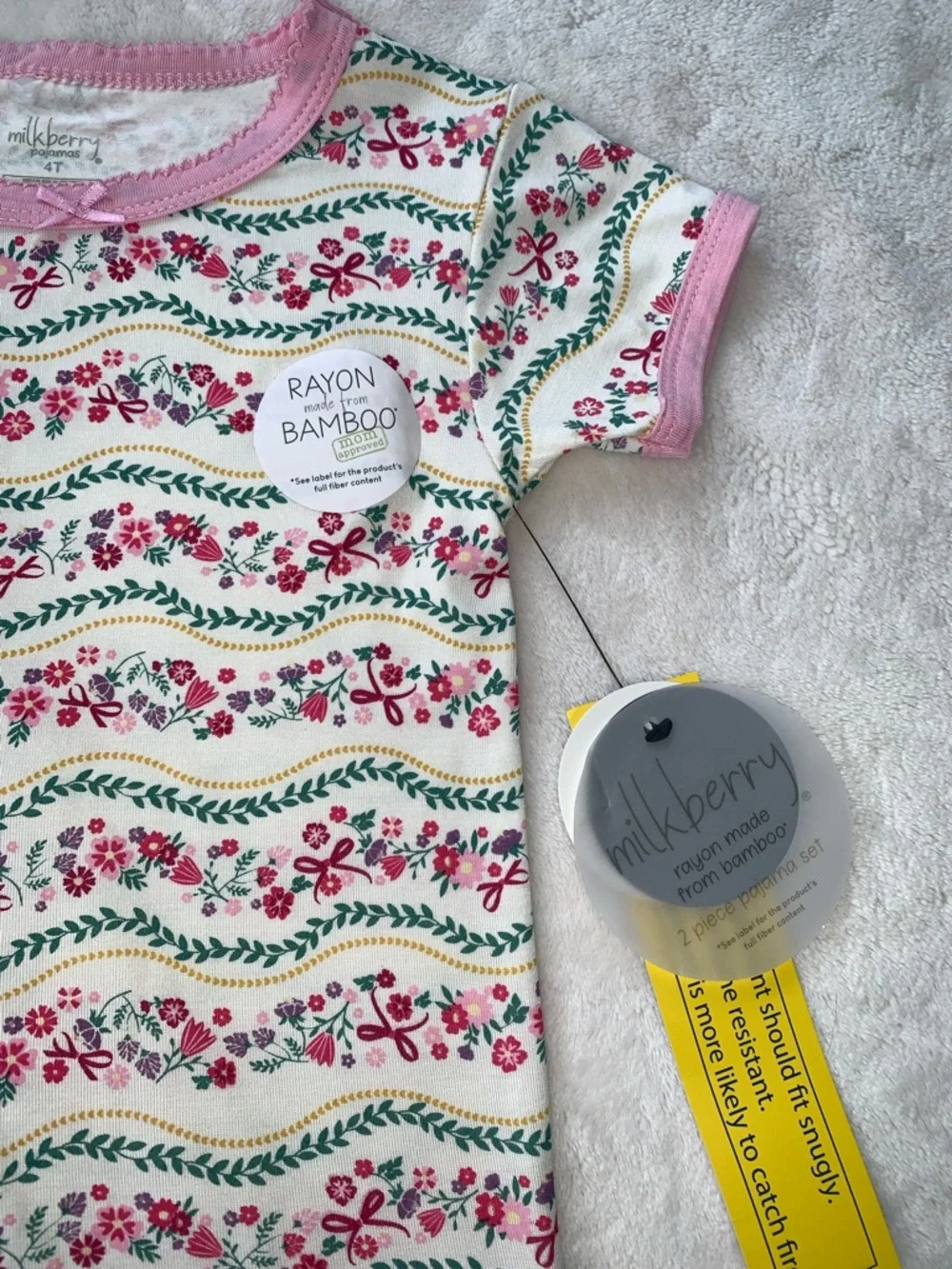 NWT Milkberry Pink & Green Floral Pajama Set 4T Bamboo Loungewear